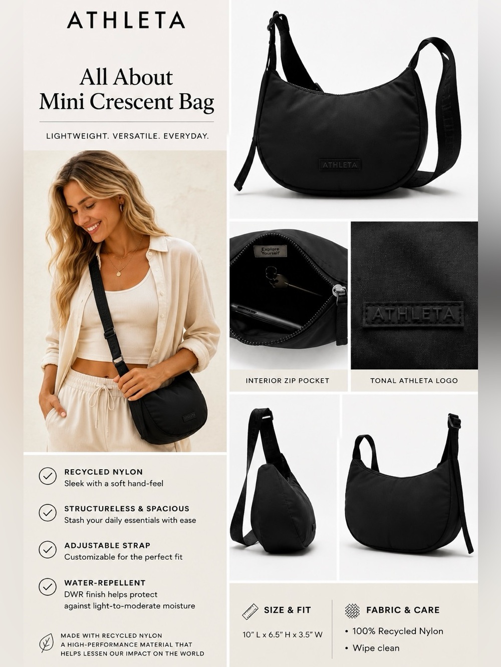 NWT Athleta All About Black Crescent Bag
